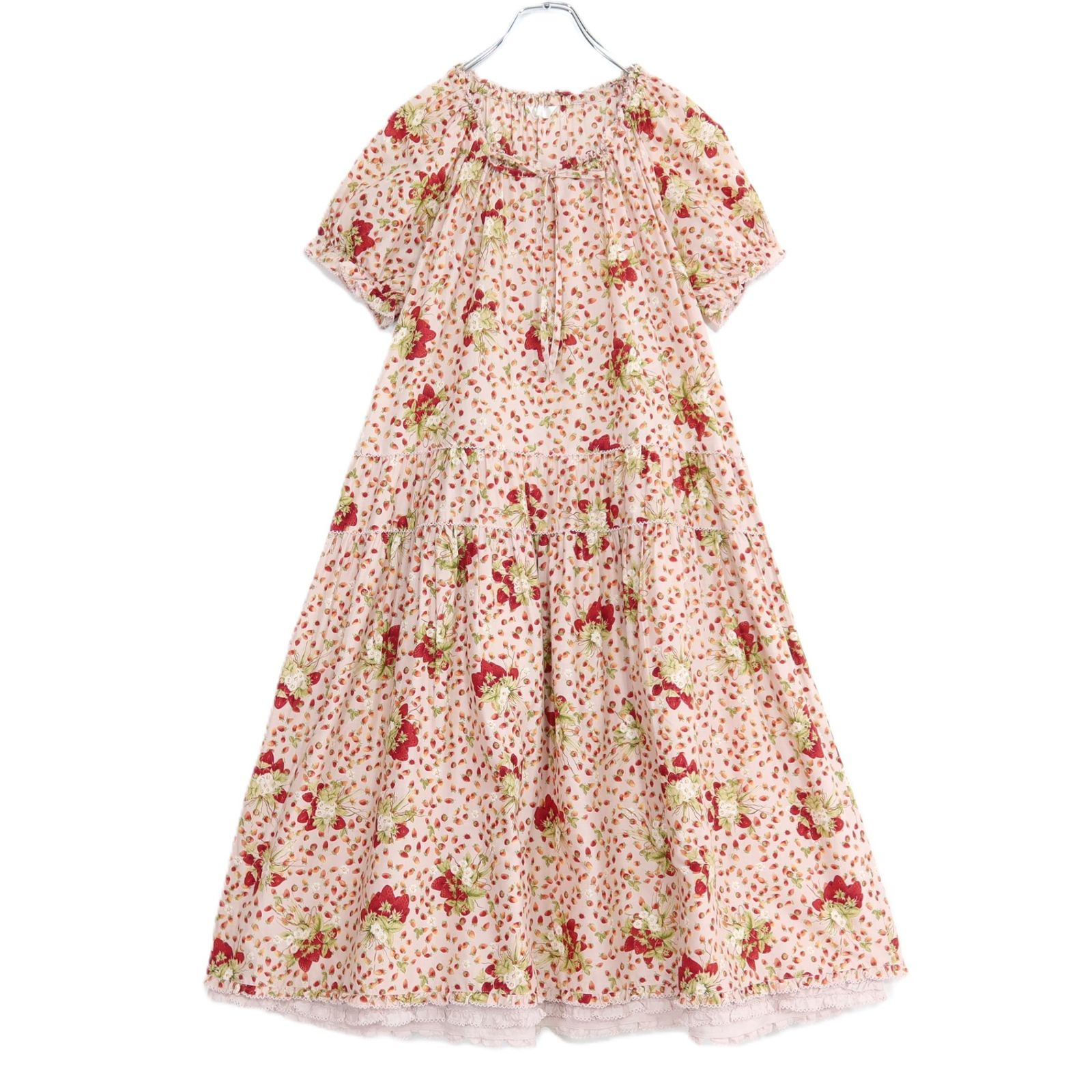 【美品】ピンクハウス★あふれるイチゴpt♪ふんわりローンワンピース ピンク系 裾段々フリル♪パフ袖 薄手 z20161