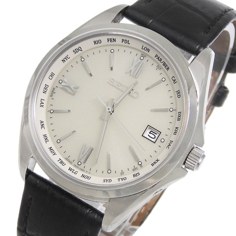セイコー SEIKO メンズ ソーラー電波 腕時計 チタン/革 ホワイト文字盤