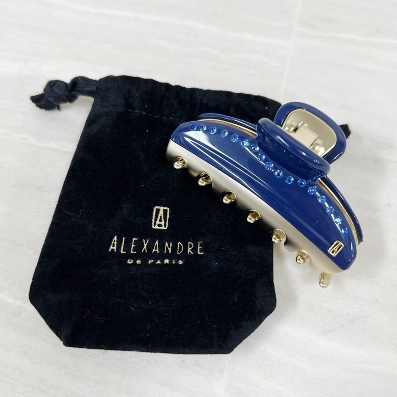 中古】 ALEXANDRE1 ヘアクリップ Mサイズ ネイビー×ゴールド ライン