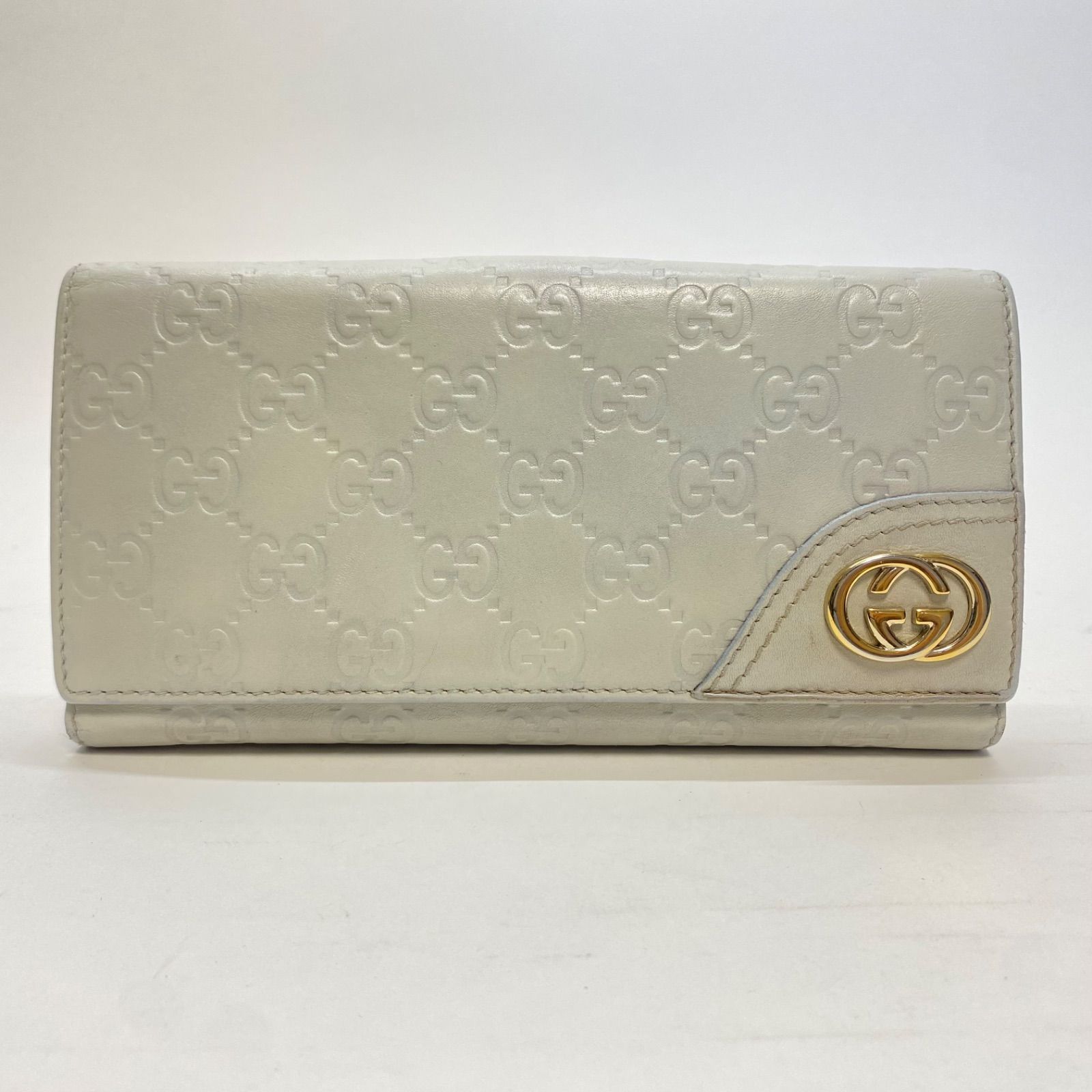 3371 GUCCI グッチ 長財布 Wホック GG インターロッキング シマレザー ホワイト ベージュ