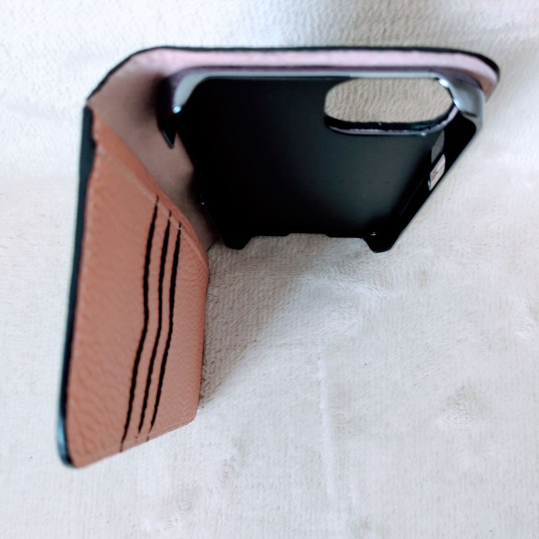 美品】ボナベンチュラ iPhone13 ダイアリーケース グレージュ×コーラル