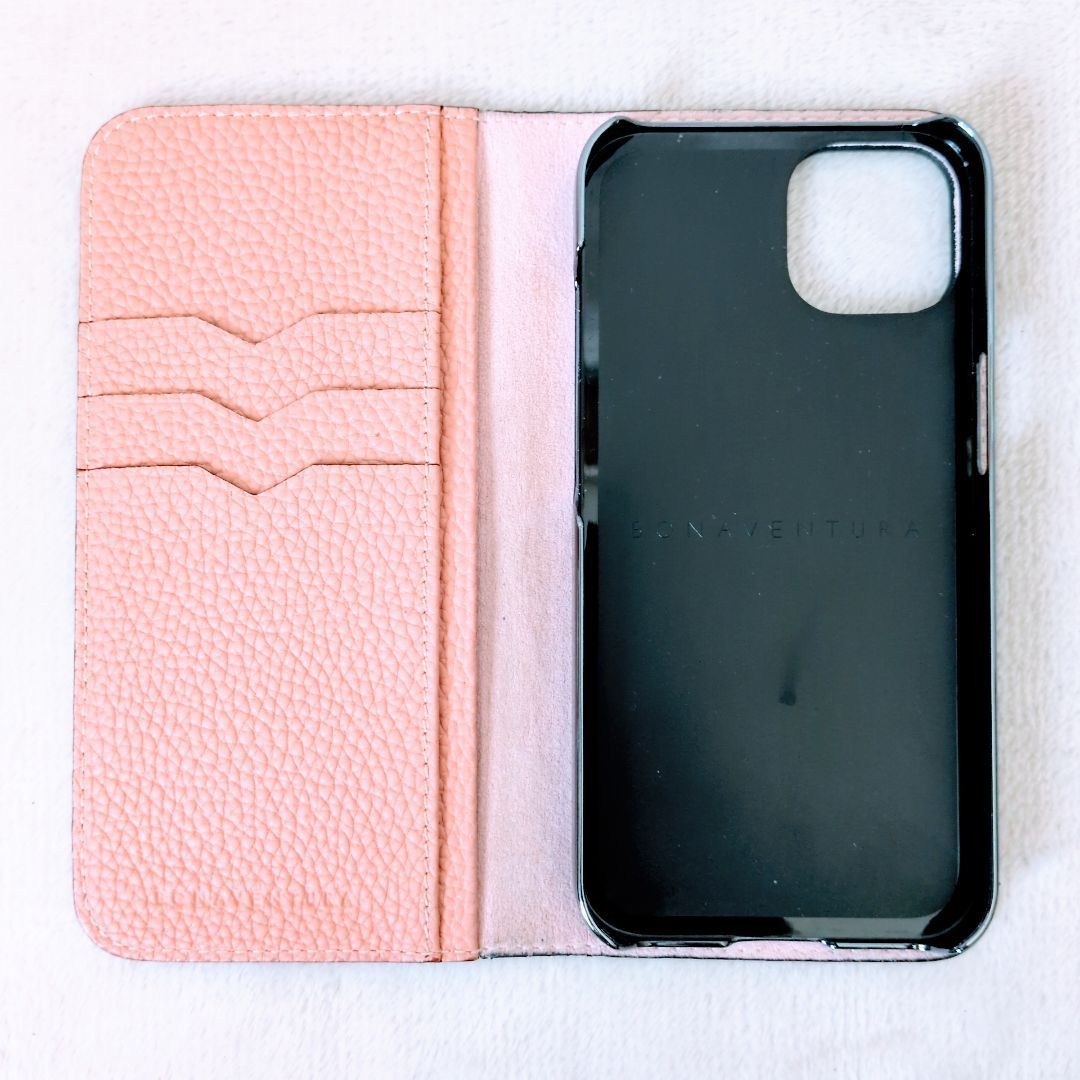 ボナベンチュラ　ダイアリーケース シュリンクレザー(グレージュ✖️コーラル) 美品】ボナベンチュラ iPhone13 ダイアリーケース グレージュ×コーラル