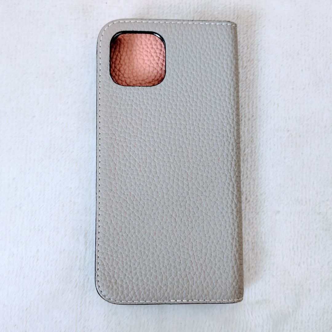 ボナベンチュラ　ダイアリーケース シュリンクレザー(グレージュ✖️コーラル) 美品】ボナベンチュラ iPhone13 ダイアリーケース グレージュ×コーラル