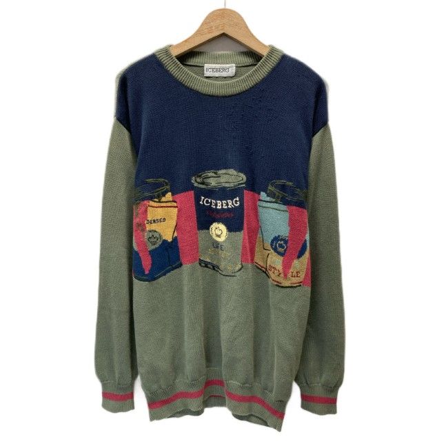 【中古】　ICEBERG　セーター　長袖　ニット　トップス　クルーネック　バイカラー　ブランドロゴ　缶　刺しゅう　イタリア製　古着　/1156