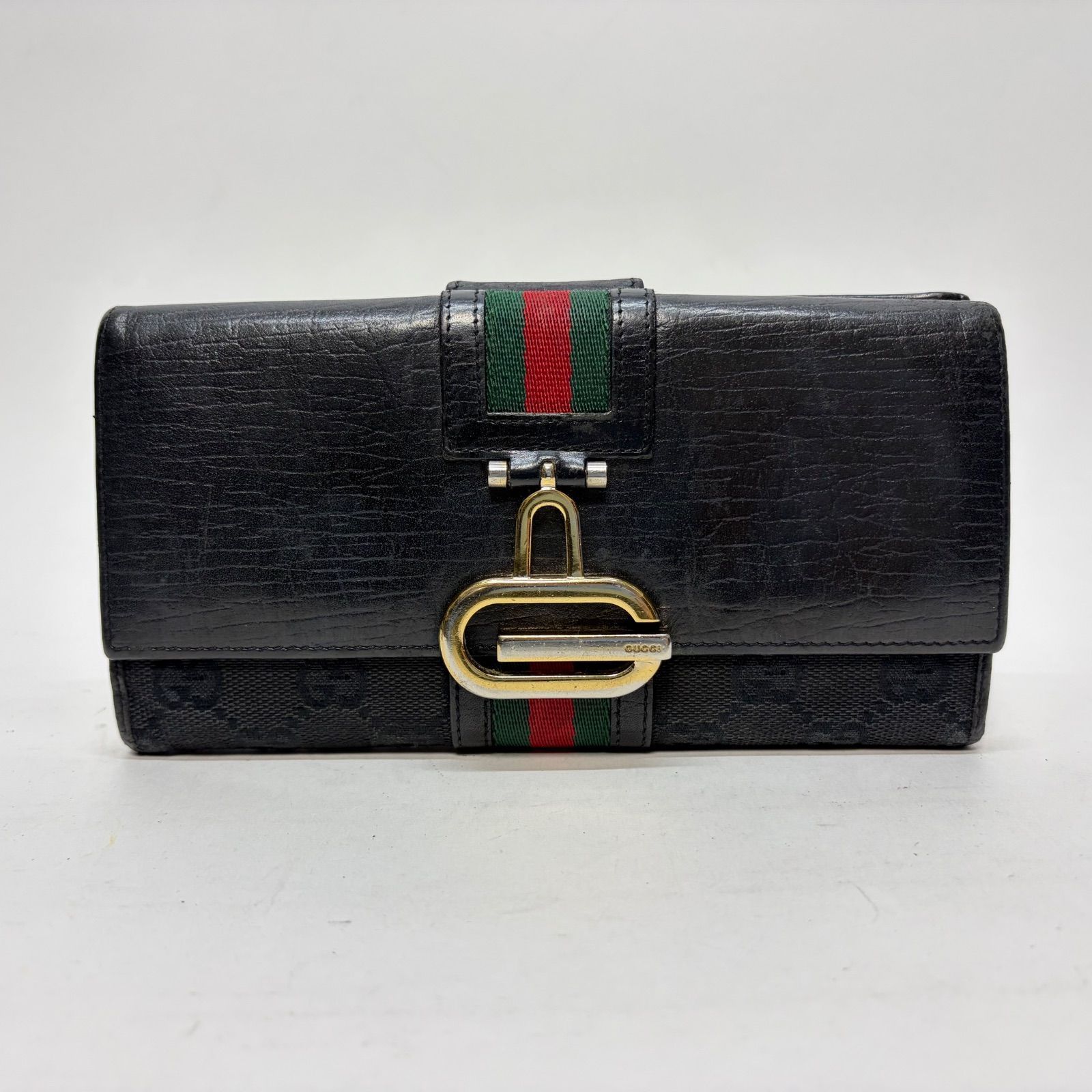 4097 GUCCI グッチ 長財布 ブラック キャンバス シェリーライン Wホック