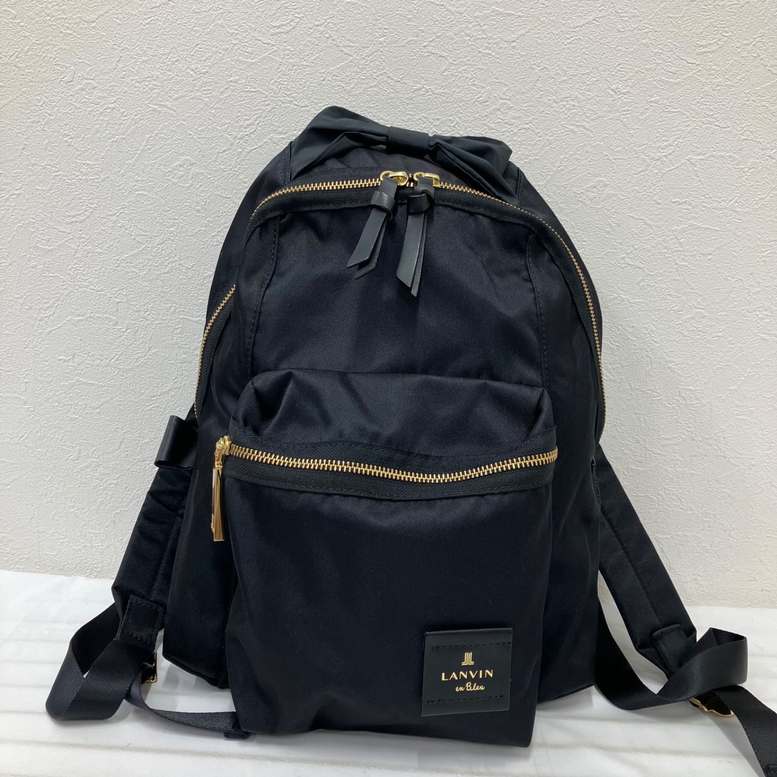 440　LANVIN en Bleu　ランバンオンブルー　 リュック　バックパック　トロカデロ　 リボン　ブラック系　黒　ナイロン　 レザー　レディース