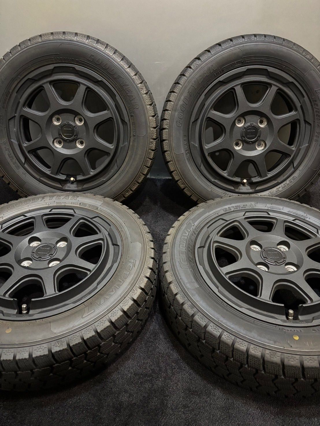 ★165/65R14 GOODYEAR/ICENAVI 7 24年製 ROCK KELLY 14インチ 4.5J +45 100 4H スタッドレス 4本 ハスラー デリカD:2 ソリオ (南1-M239)