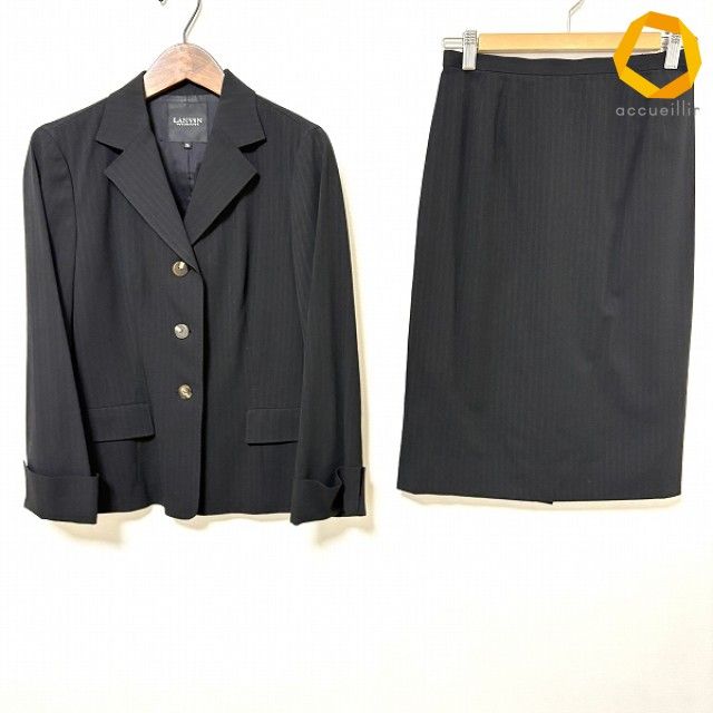 #anc ランバン LANVIN セットアップ 38 黒 スカートスーツ シングル ツーピース ストライプ ウール レディース [1007339]