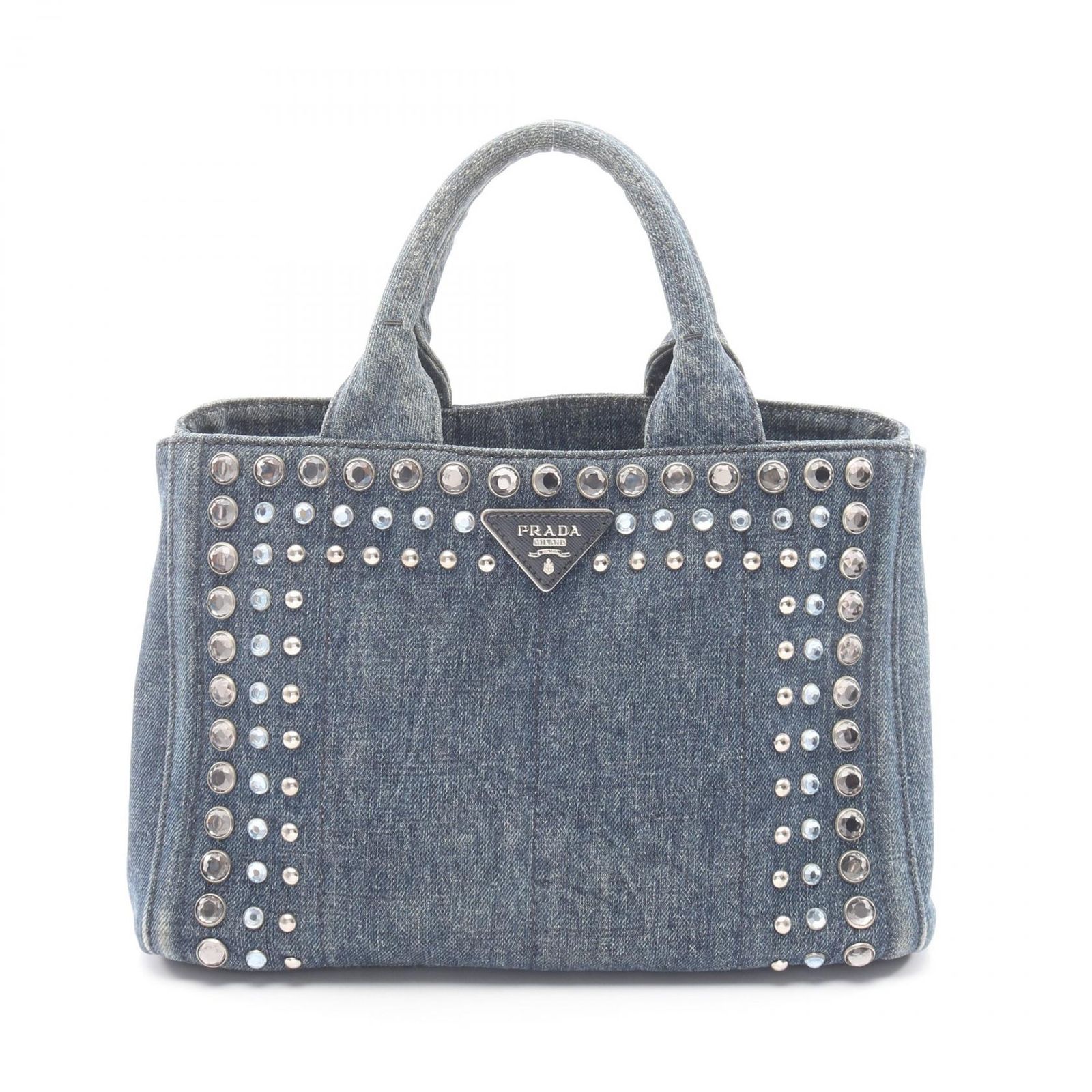 プラダ PRADA トートバッグ CANAPA カナパ ビジュー スタッズ ブルー デニム カナパ トートバッグ レディース Used B