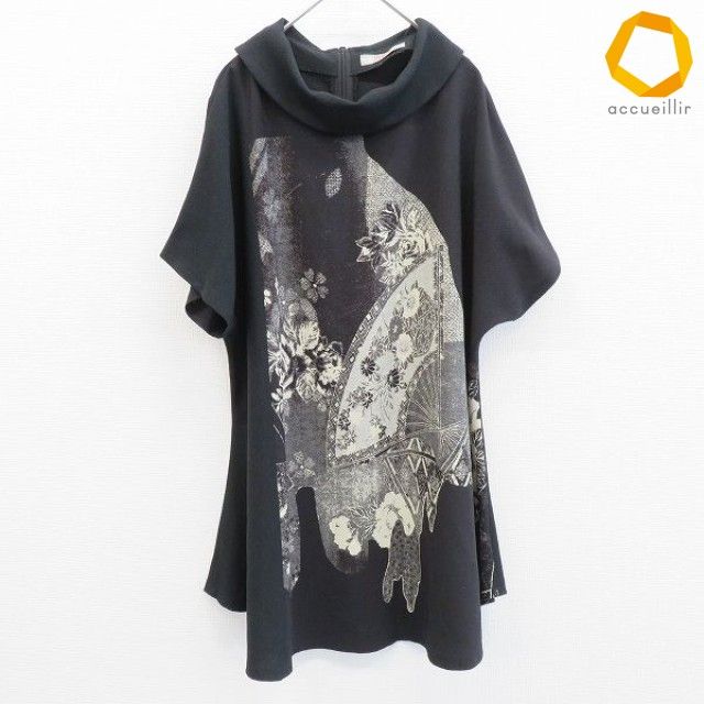詩仙堂 ヒトシタムラ ちりめん チュニック トップス ハイネック 扇子 花 レディース [a998975]