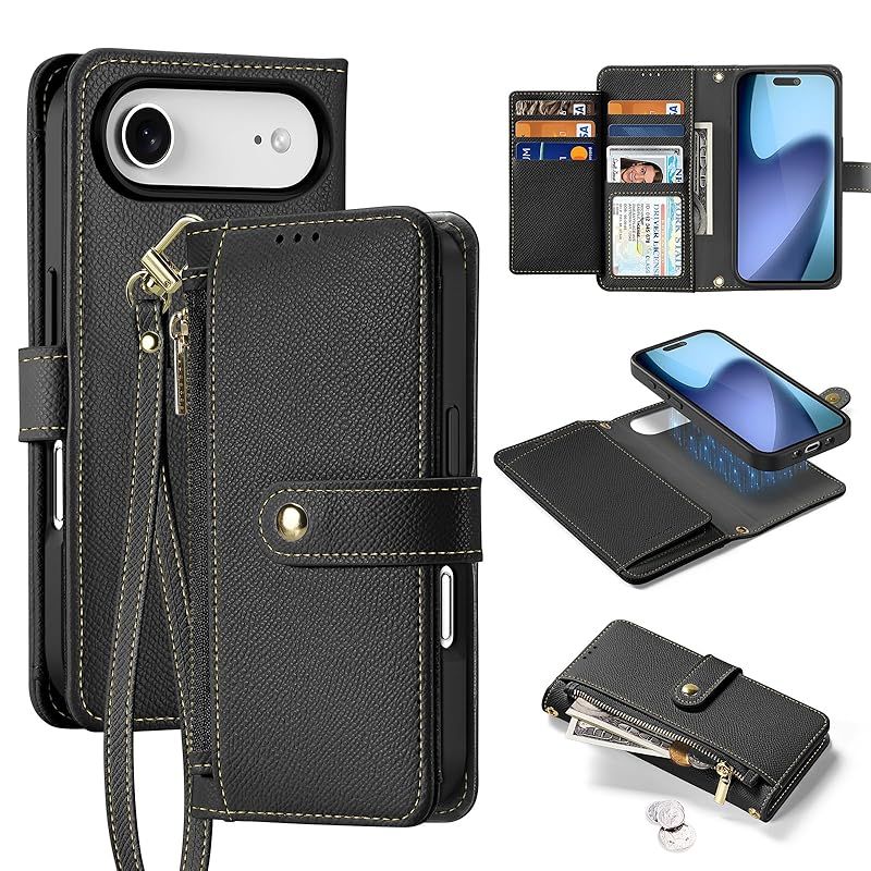 【新品】 SUGOIDAN ケース 用の iPhone Air 手帳型 分離式 本革 レザー カード収納 マグネット内蔵 Magsafe対応 全面保護 アイフォンエア 財布型 アイホンエア 腕用ストラップ付き（ブラック）