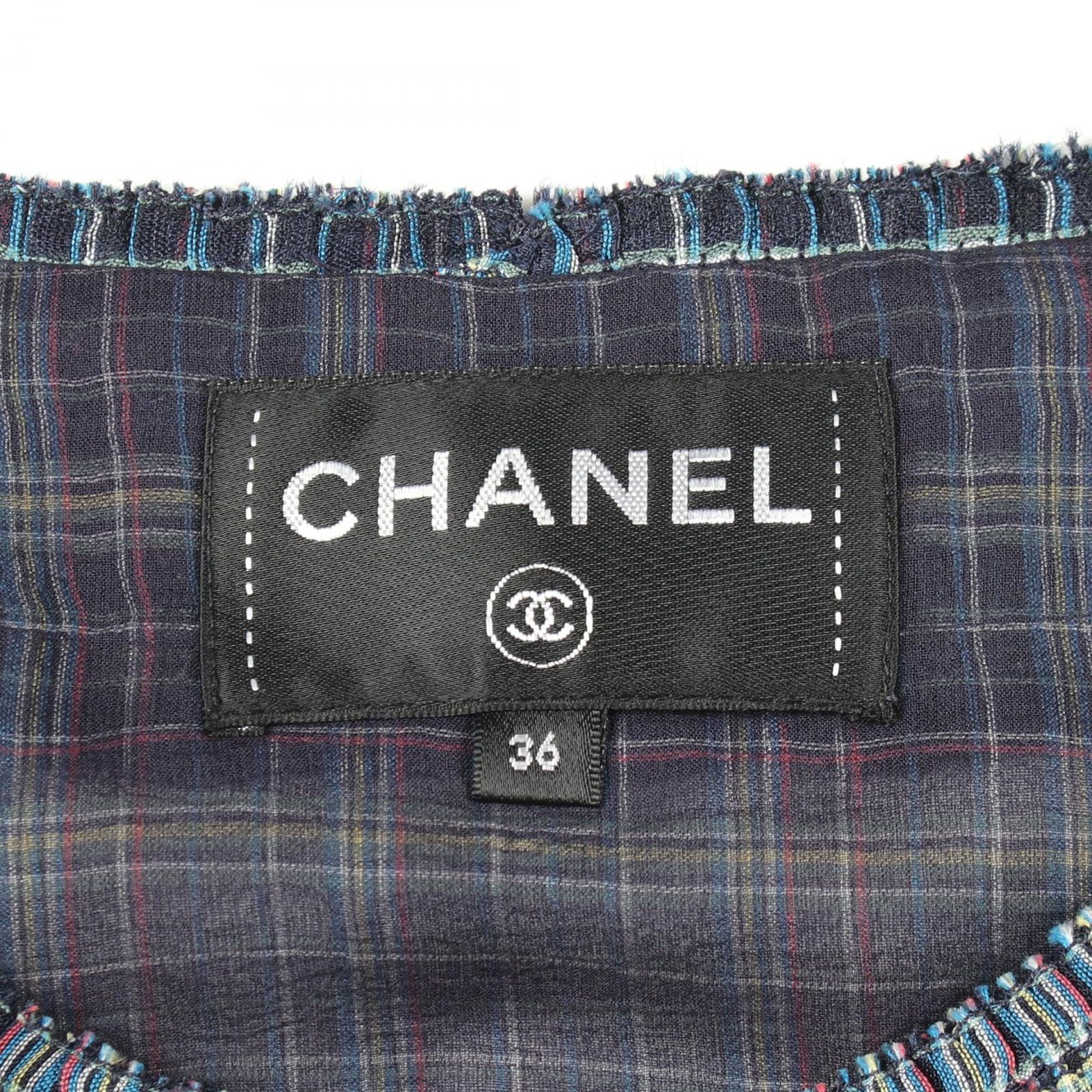シャネル CHANEL ブラウス ココマークボタン チェック P62772V48261 ネイビー シルク ブラウス レディース Used A