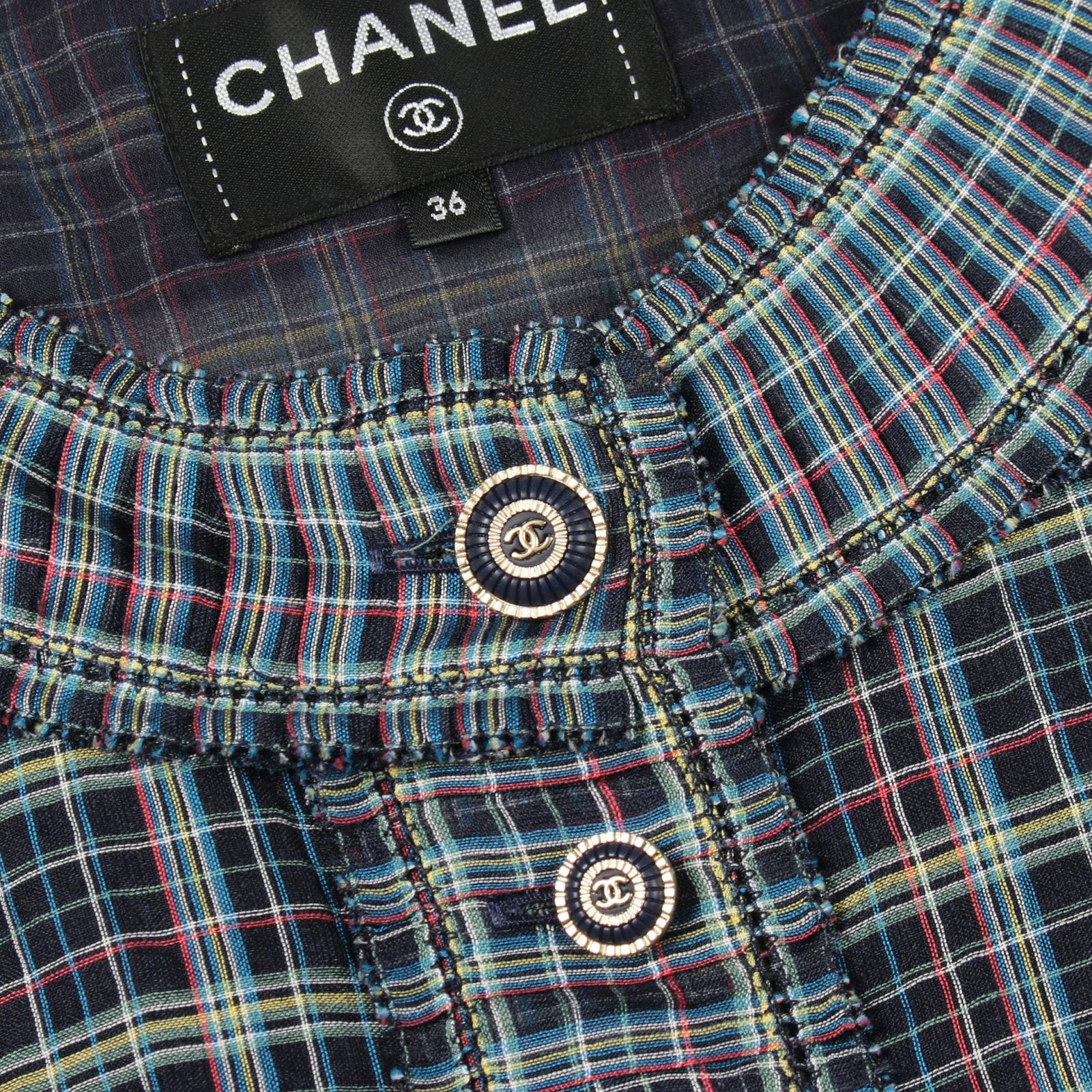 シャネル CHANEL ブラウス ココマークボタン チェック P62772V48261 ネイビー シルク ブラウス レディース Used A