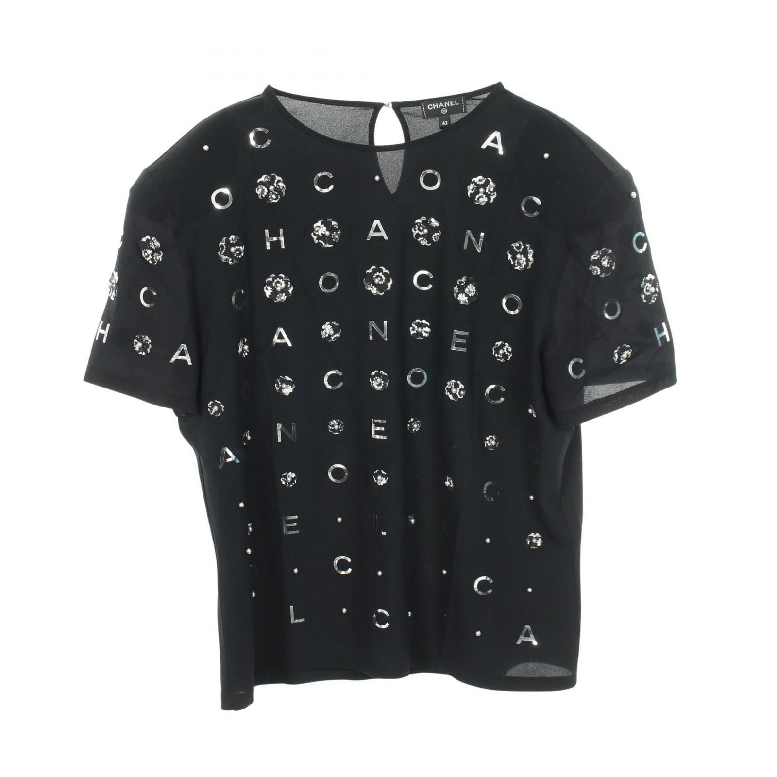 シャネル CHANEL カットソー カメリア アイコン パール 半袖 P70789V61962 ブラック シルク カットソー レディース Used A