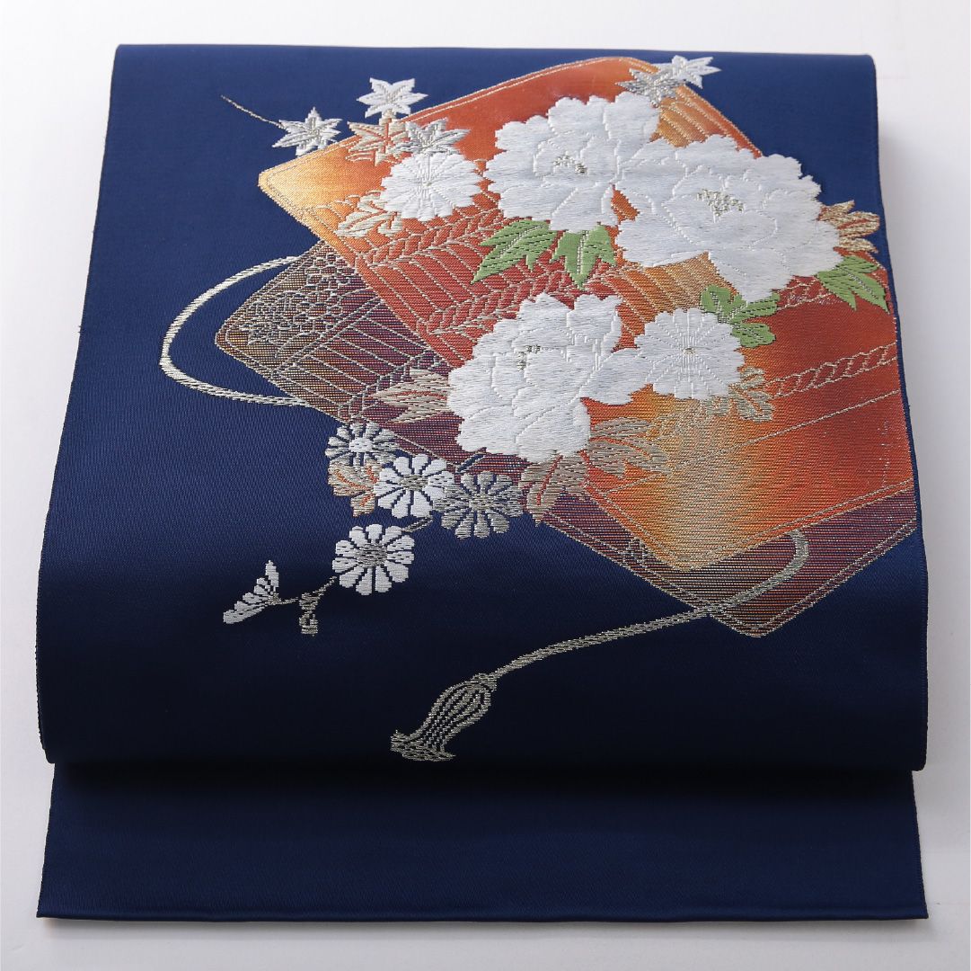 お買い得品！八寸名古屋帯 Aランク 帯丈366cm 正絹 ポイント柄 松葉仕立て 織り セミフォーマル 縅毛 牡丹 青系 RP 1245-03727