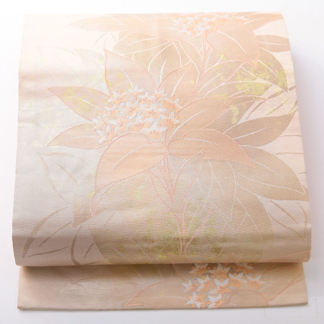お買い得品！九寸名古屋帯 Aランク 帯丈355cm 正絹 六通 名古屋仕立て 織り セミフォーマル 紫陽花 ピンク系 RP 1245-03740 8,125円