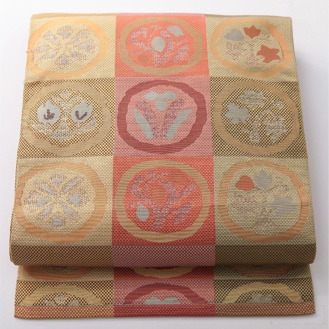 お買い得品！八寸名古屋帯 Sランク 帯丈373cm 正絹 全通 松葉仕立て 織り インフォーマル 花柄 丸文 多色系 RP 1245-03748