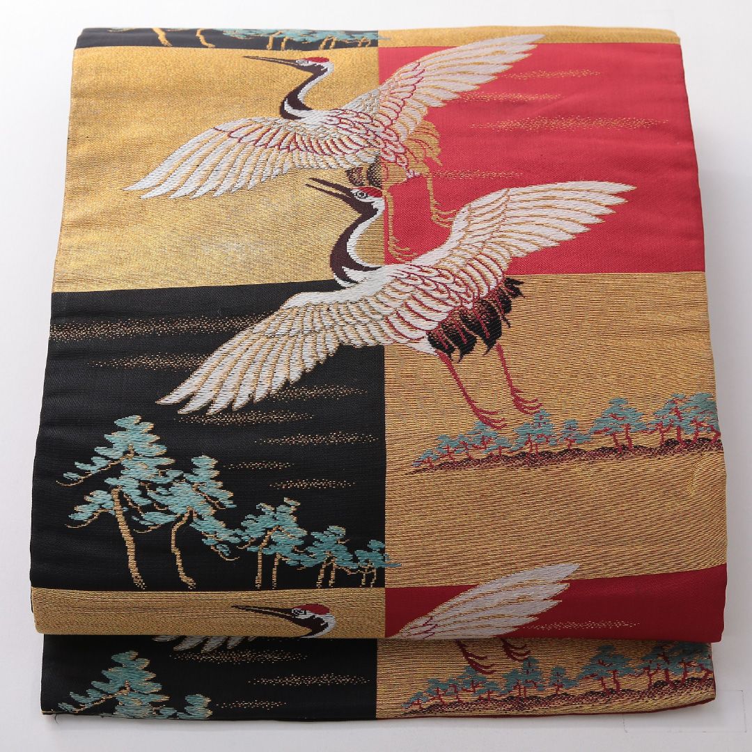 お買い得品！アンティーク 九寸名古屋帯 Aランク 帯丈327cm 正絹 全通 名古屋仕立て 織り 鶴 市松 松 金系・多色系 RP 1245-03773 10,426円
