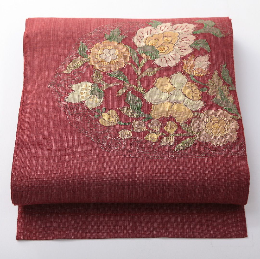 お買い得品！八寸名古屋帯 Sランク 帯丈364cm 正絹 ポイント柄 松葉仕立て 織り カジュアル 紬 唐草華文 赤系 RP 1245-03781