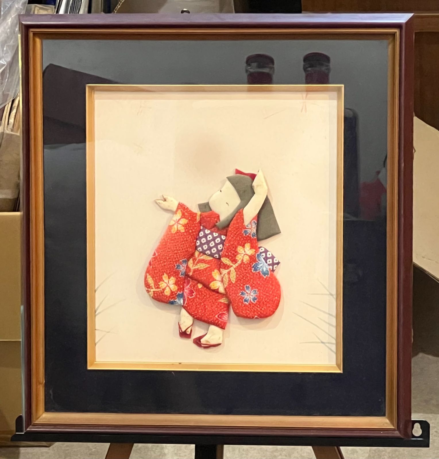 伝統工芸 押絵 ちりめん細工「舞い踊る童女」高級和額装 木製フレーム 額装 骨董