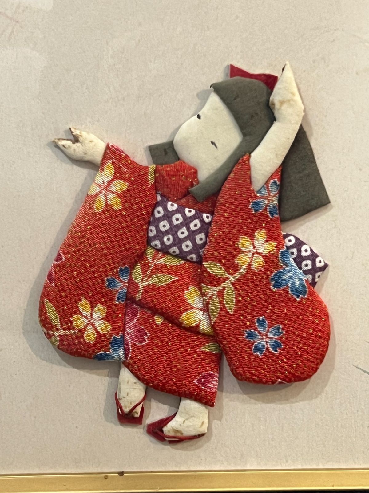 伝統工芸 押絵 ちりめん細工「舞い踊る童女」高級和額装 木製フレーム 額装 骨董