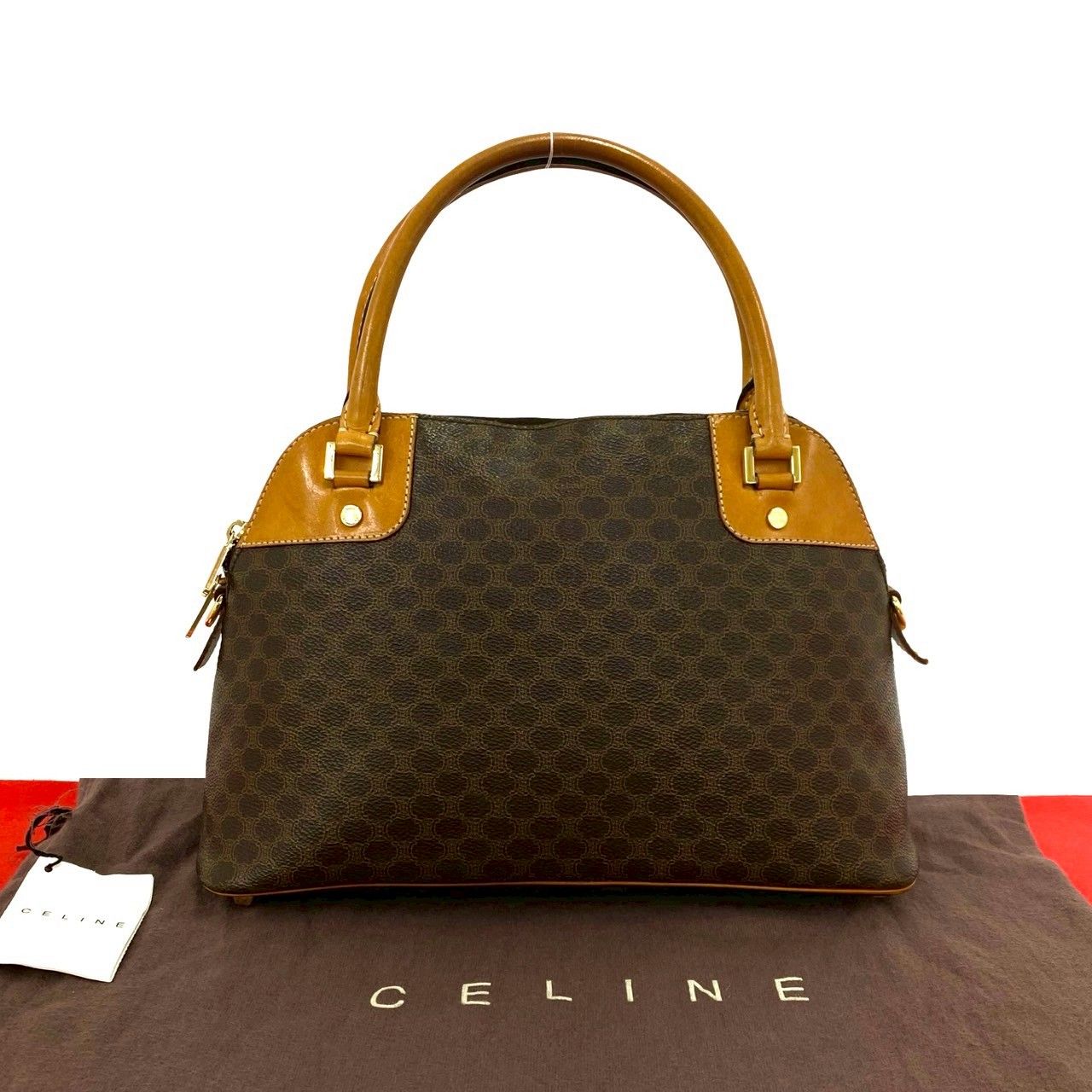 極 美品 CELINE セリーヌ ヴィンテージ マカダム ブラゾン トリオンフ レザー 本革 ハンドバッグ ミニ ボストンバッグ ブラウン 13880