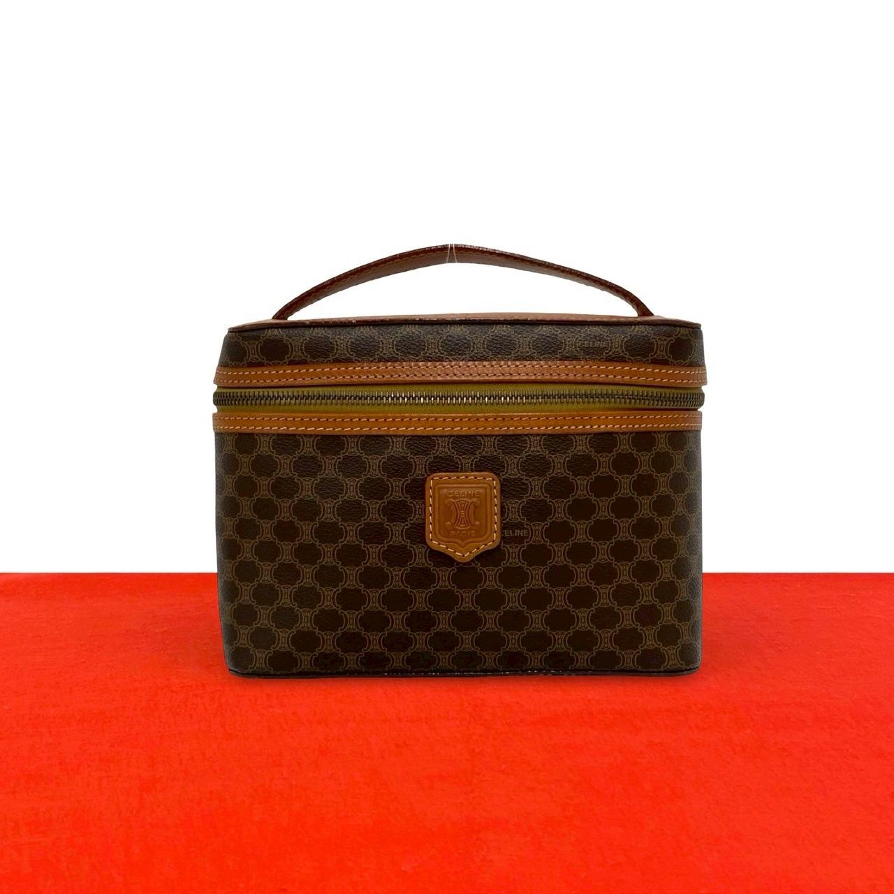 極 美品 CELINE セリーヌ ヴィンテージ マカダム ブラゾン トリオンフ 柄 ロゴ レザー 本革 ハンドバッグ バニティバッグ ブラウン 22693