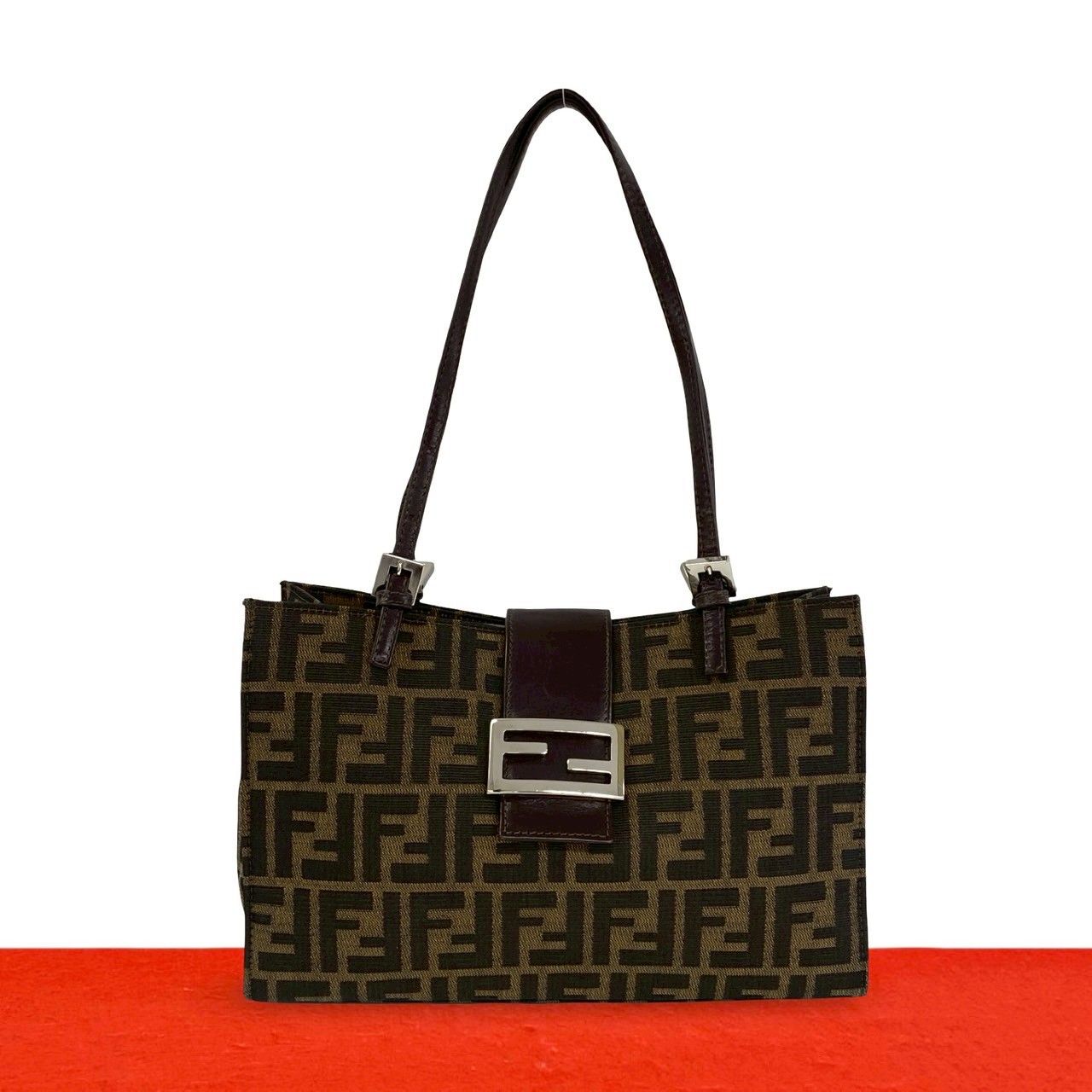 極 美品 FENDI フェンディ ヴィンテージ ズッカ FF ロゴ 金具 キャンバス レザー 本革 トートバッグ セミ ショルダーバッグ ブラウン 16531