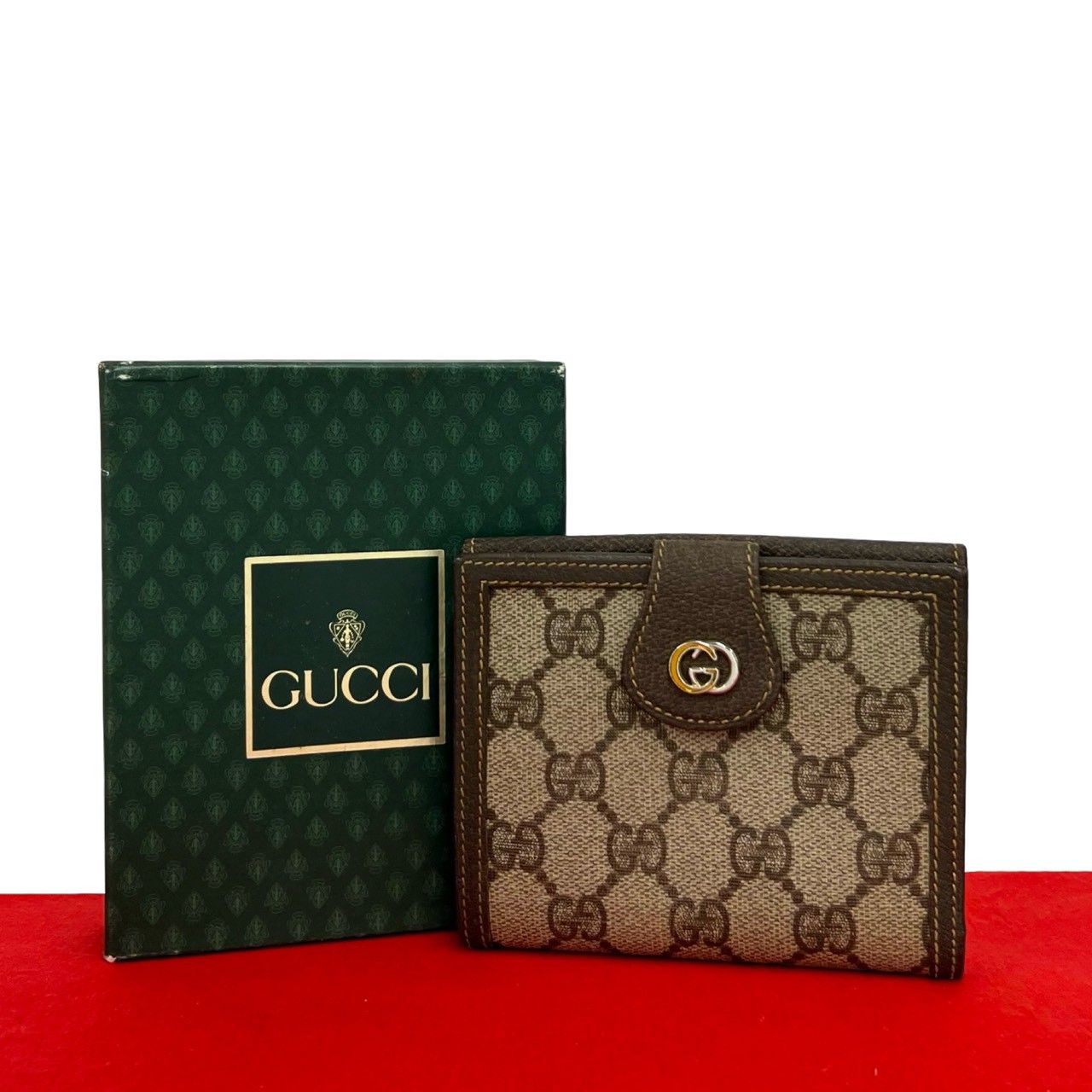 極 美品 箱付 GUCCI グッチ オールドグッチ ヴィンテージ GG ロゴ 金具 キャンバス レザー 本革 二つ折り 財布 ウォレット ブラウン 33572