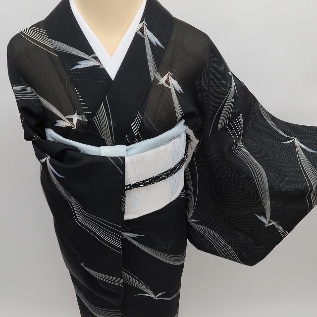✾まめ藤✾m3087＊洗える夏着物 絽“ ブラック×羽ばたく息吹”居敷当て