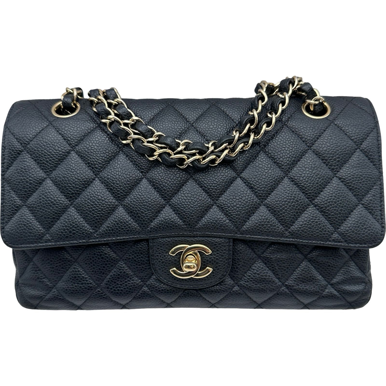 シャネル CHANEL マトラッセ25 A01112 17番台 ブラック×ゴールド金具 Wフラップ×キャビアスキン レディース ショルダーバッグ