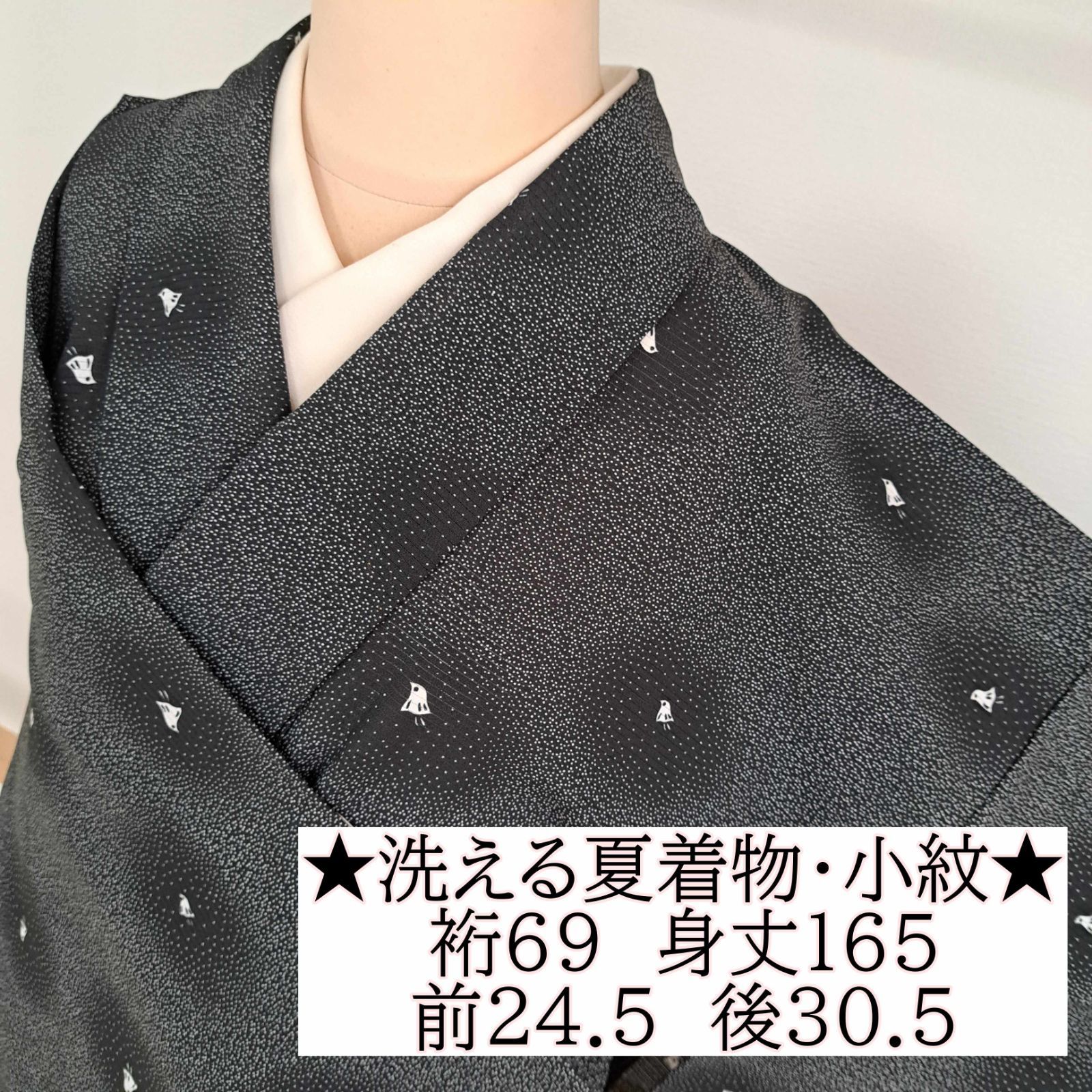 【洗える夏着物・絽・小紋】裄69 身丈165 袖49　化繊　夏物　盛夏　黒地に小さなドットと千鳥　る12S12a