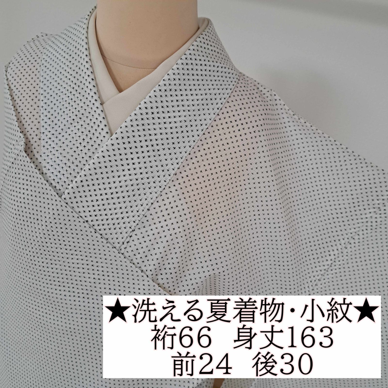 洗える夏着物・絽・小紋】裄66 身丈163 袖48.5 化繊 夏物 盛夏 白地に