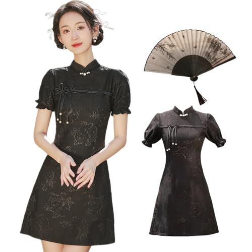 ☆新品☆[Sivrusn] チャイナドレス コスプレ レディース ワンピース ミニ丈 チャイナ服 扇子付き 刺繍 花柄 かわいい 仮装 Aライン エレガント 中華風 ハロウィン コスプレ イベント パーティー お祭り 撮影会 7d283ff8