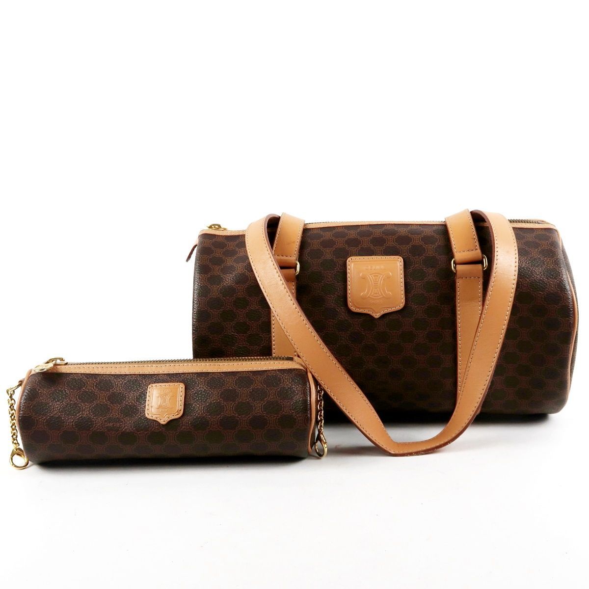 【美品】CELINE セリーヌ マカダム柄 ボストン型 ハンドバッグ ポーチ付き ブラウン系【DB57】