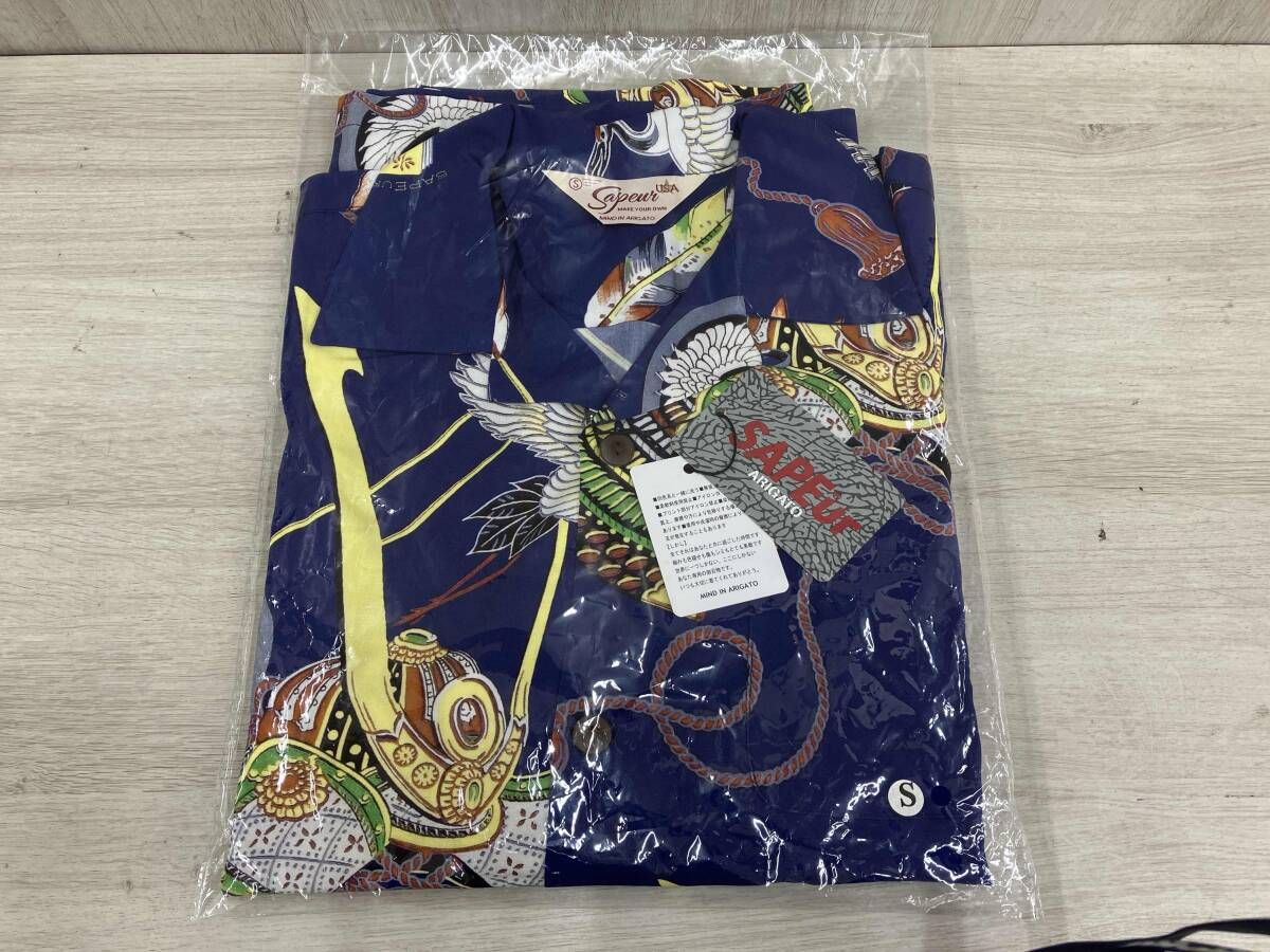 SAPEur アロハ長袖シャツ Sサイズ 和柄 兜鶴 ネイビー