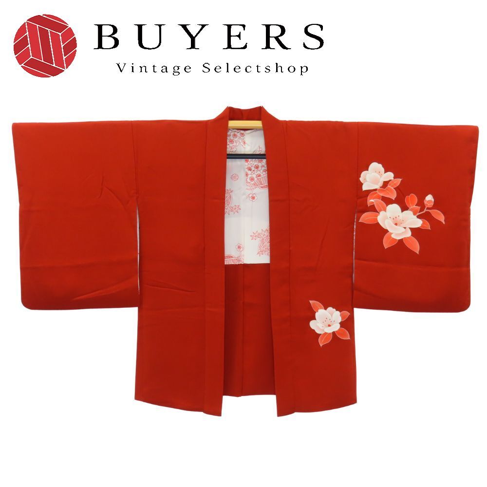 【中古】 羽織 正絹 朱色 赤茶系 羽織紐付き 金駒刺繍 椿柄 和装 呉服 和服 きもの レディース 女性