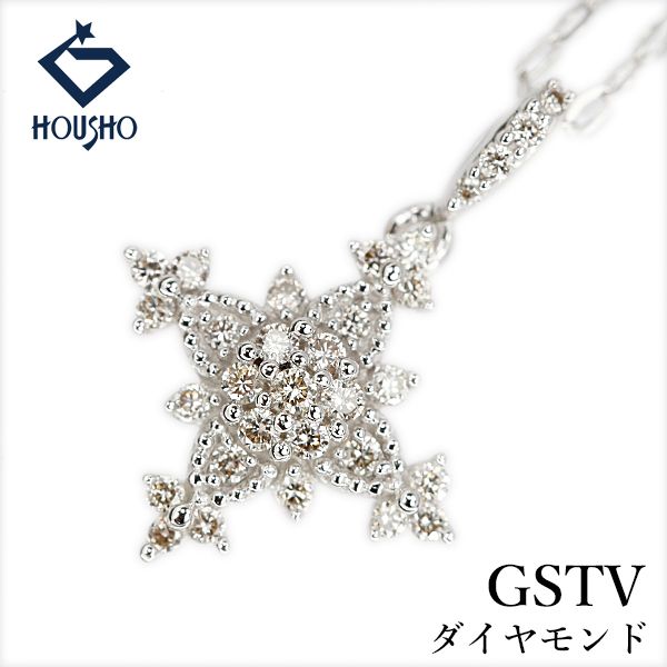 ジーエスティービー ダイヤモンド ネックレス K18ホワイトゴールド GSTV 十字架 クロス ミル打ち ミルグレイン 中古 宝正 907296