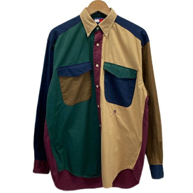 【中古】　TOMMY HILFIGER　パッチワークシャツ　トップス　コットン　ボタンダウン　マルチカラー　無地　ワンポイント　ブランドロゴ　刺しゅう　胸ポケット　古着　/1952