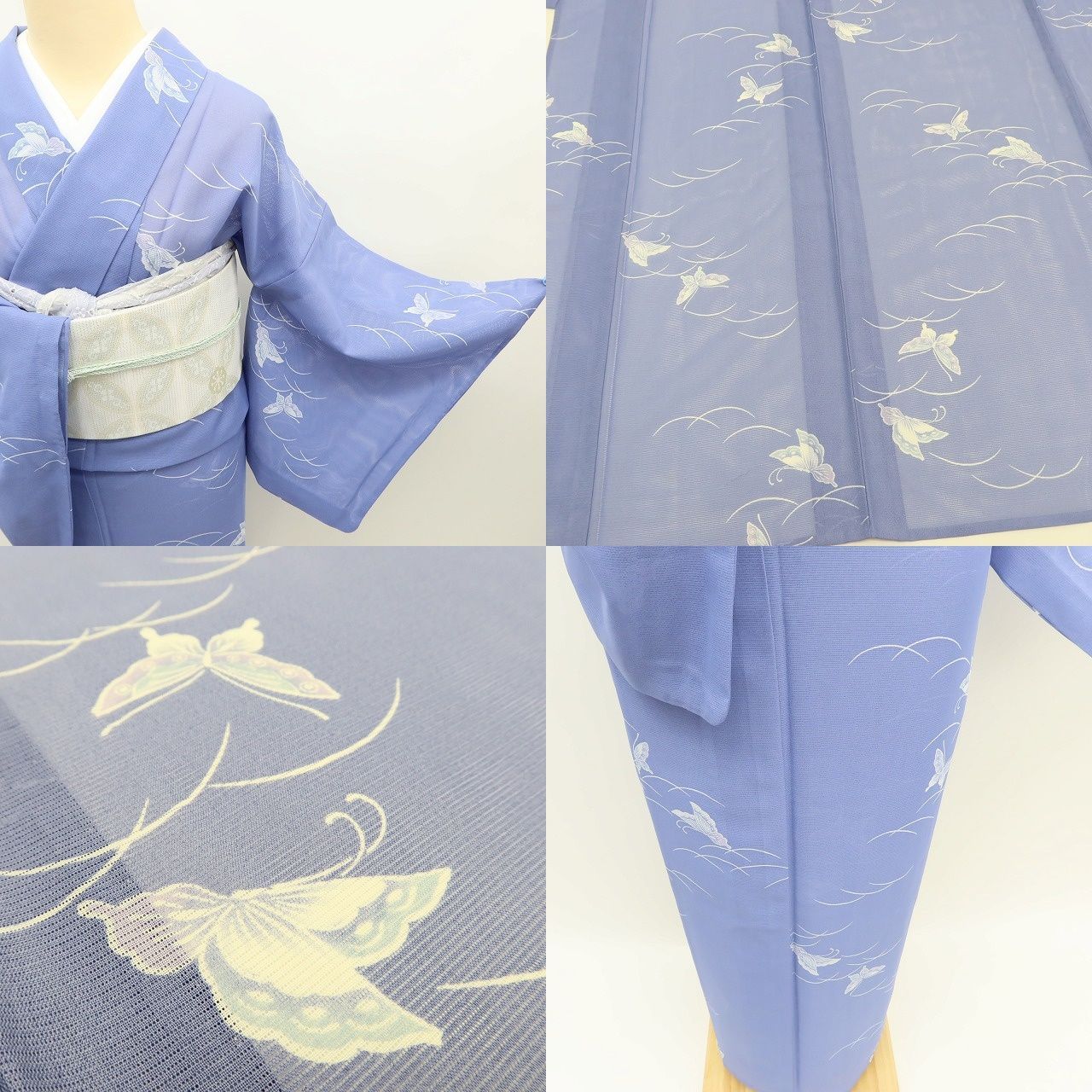 ✾まめ藤✾m3091＊美品 洗える夏着物 絽 蝶❀芝草をひらり❀誂え