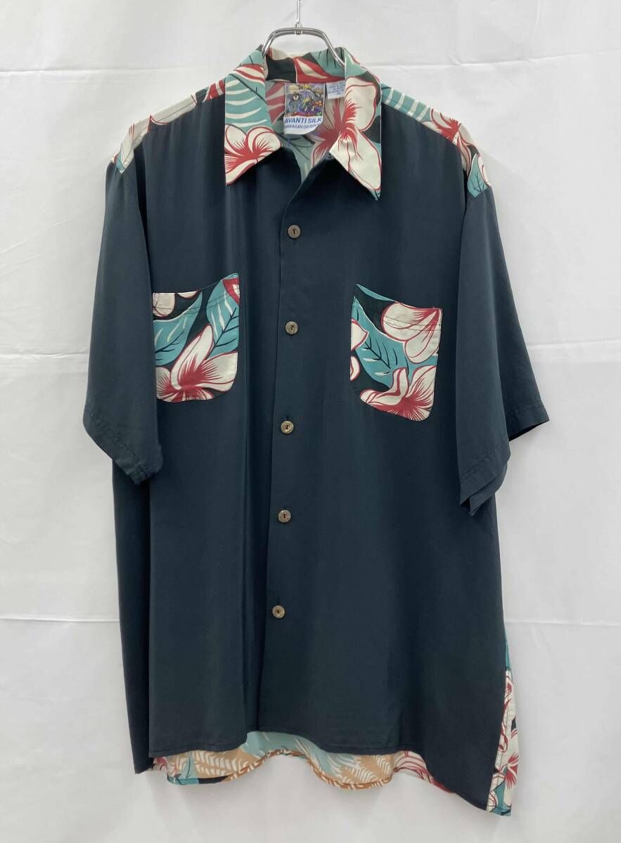 AVANTI アヴァンティ 半袖シャツ アロハシャツ フラガール シルク100% XL ブラック 夏