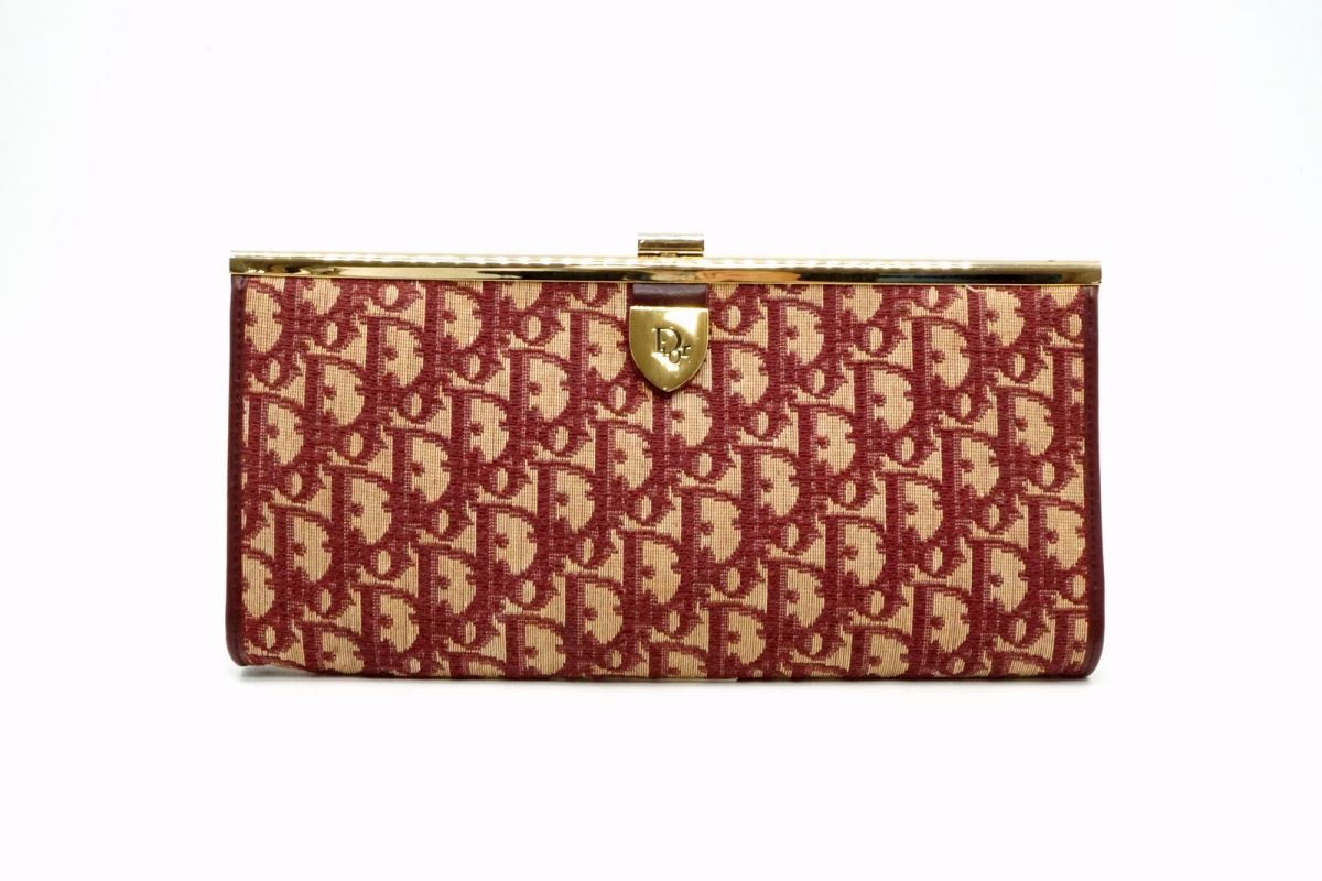 クリスチャン ディオール ヴィンテージ レア トロッター クラッチ バッグ ゴールド金具 がま口 キャンバス ボルドー Christian Dior 6529h