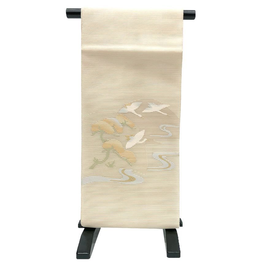京やI569 正絹 絽 袋帯 夏袋帯 夏帯 白地の帯 絽の帯 五本絽 松 鶴 流水文様 お太鼓柄 白 長尺 ロングサイズ フォーマル セミフォーマル カジュアル 仕立て上がり 新古品 美品 6月7月8月9月に 夏着物に 単衣の着物に 単衣・夏着物兼用