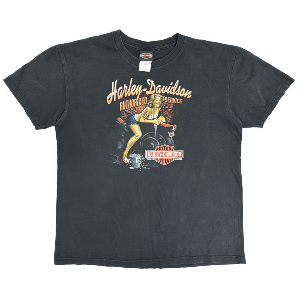 HARLEY DAVIDSON ハーレーダビッドソン ピンナップガール 半袖Ｔシャツ モーターサイクル ブラック(メンズ XL)中古 古着 Y1219