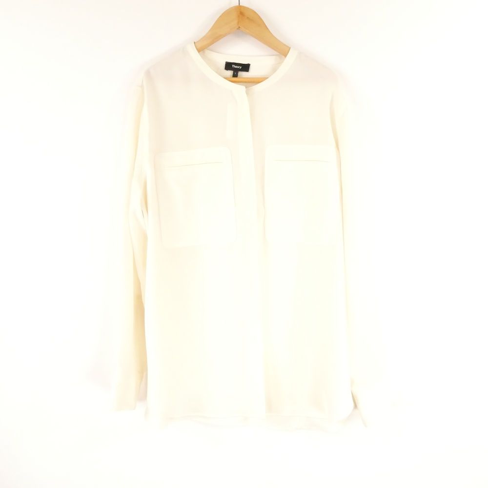 美品 Theory セオリー ブラウス L ポリエステル100％ 長袖 ノーカラー シャツ アイボリー レディース AM8838A22