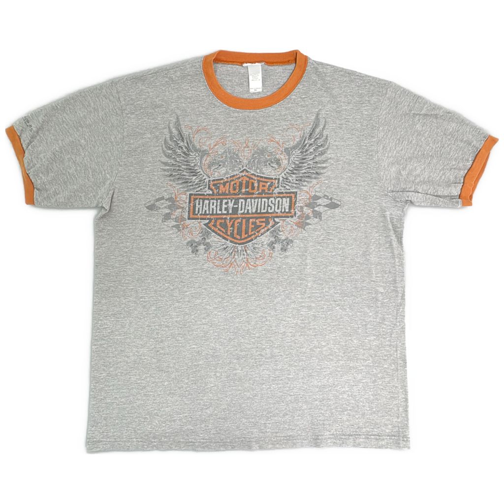 HARLEY DAVIDSON ハーレーダビッドソン リンガーＴシャツ モーターサイクル グレー(メンズ XL)中古 古着 Y1272