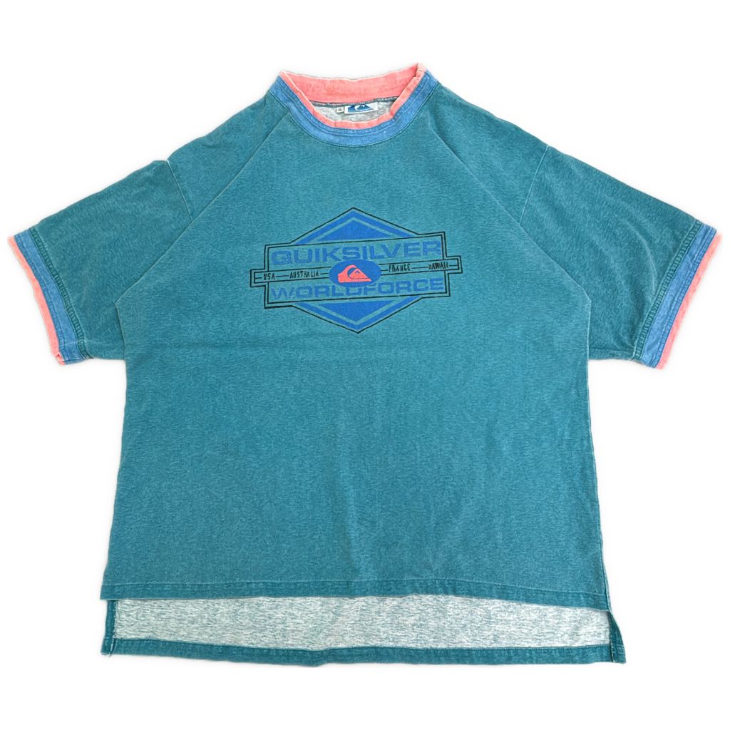 80年代 USA製 Quiksilver クイックシルバー 半袖Ｔシャツ ターコイズブルー(メンズ XL)中古 古着 Y1298