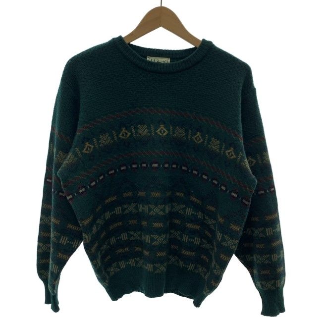 【中古】　L.L.Bean　セーター　長袖　ニット　トップス　クルーネック　総柄　ミドルゲージ　アイルランド製　アウトドア　古着　/1152