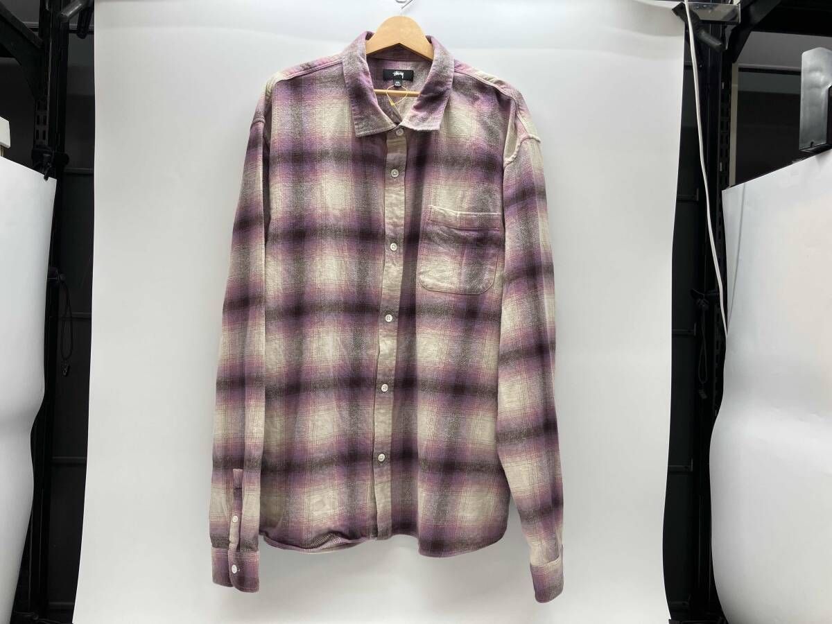 秋冬 STUSSY Bay Plaid Shirt ステューシー オンブレーチェック ロングスリーブシャツ ネルシャツ コットン パープル XXL
