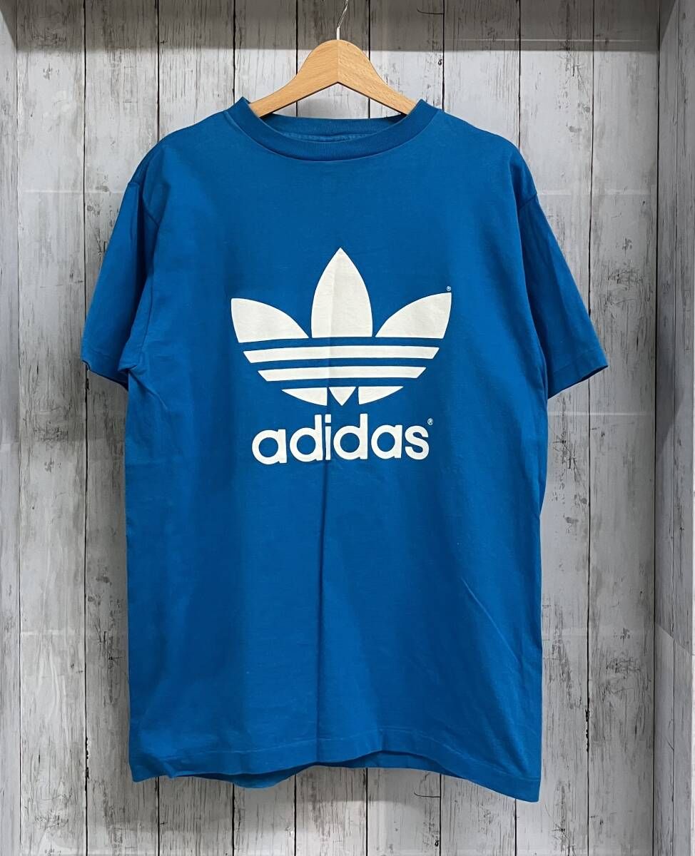adidas アディダス 半袖Tシャツ トレフォイルロゴ 両面プリント USA製 90S Mサイズ(US) ブルー×ホワイト